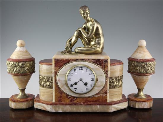 A French Art Deco ormolu and marble three piece clock garniture, 15.5in.